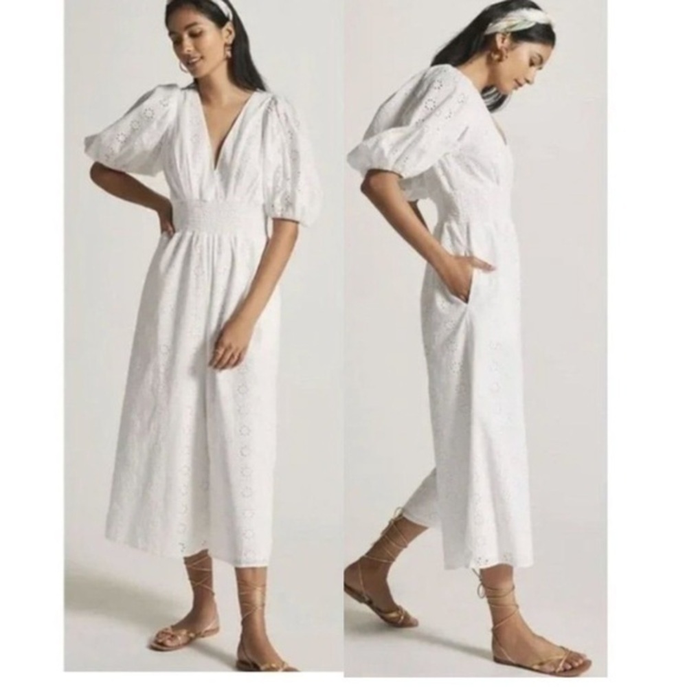 Anthropologie Hutch White Eyelet Smocked Waist Jumpsuit Size Extra Small